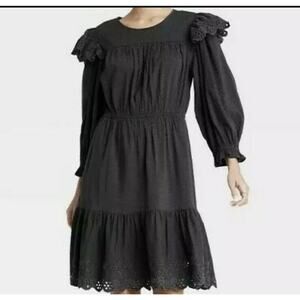 Universal Thread Women's Large Ruffle Long Sleeve Dress Black W/Pockets NWT